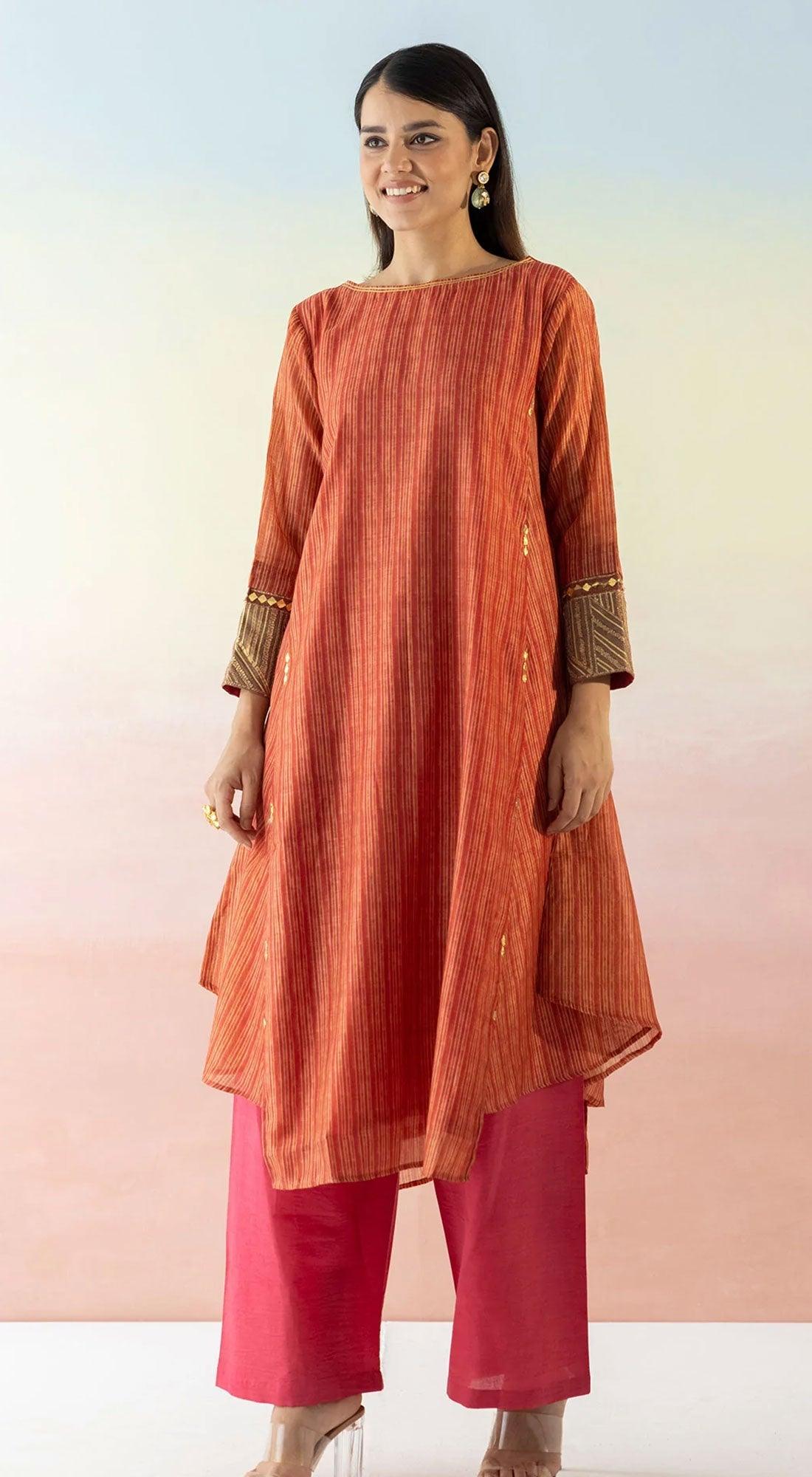 Red Asymmetric Kurta With Contrast Pants – Basanti Kapde aur Koffee