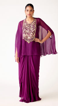 Purple Viscose Georgette Embroidered Cape Set