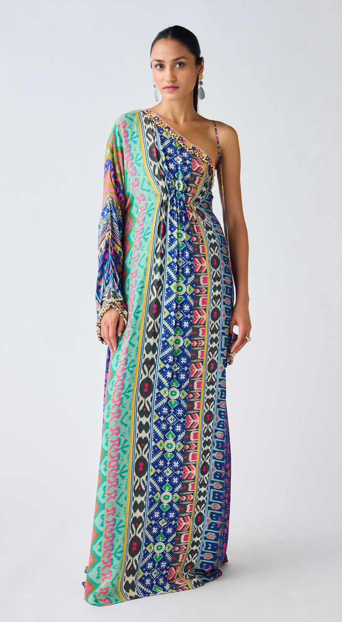 Blue Printed Asymmetric Neckline Dress