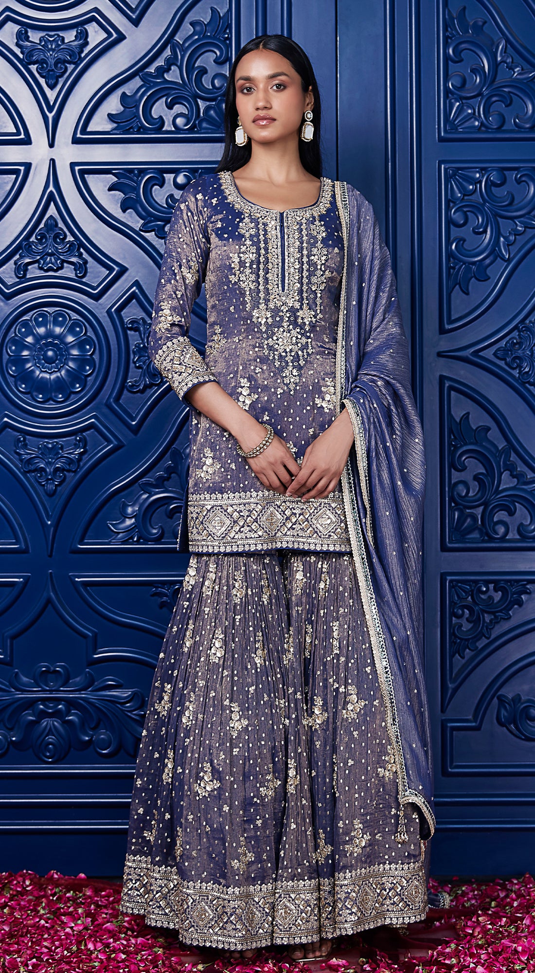 Blue Tissue Embroidered Sharara Set