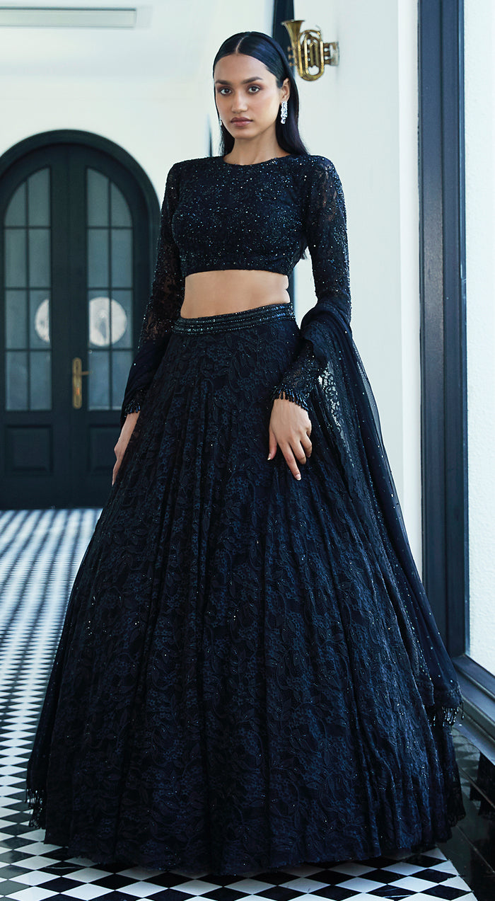 Black Chantilly Net Embroidered Lehenga Set