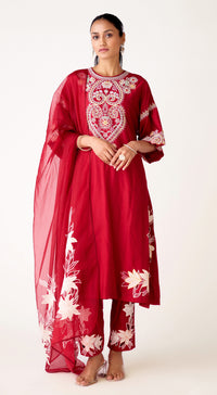 Red Cotton Silk Embroidered Suit Set