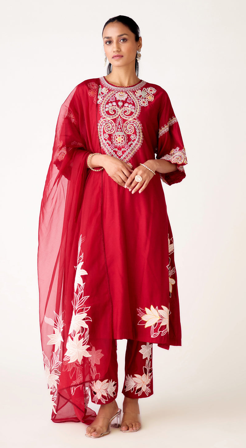 Red Cotton Silk Embroidered Suit Set