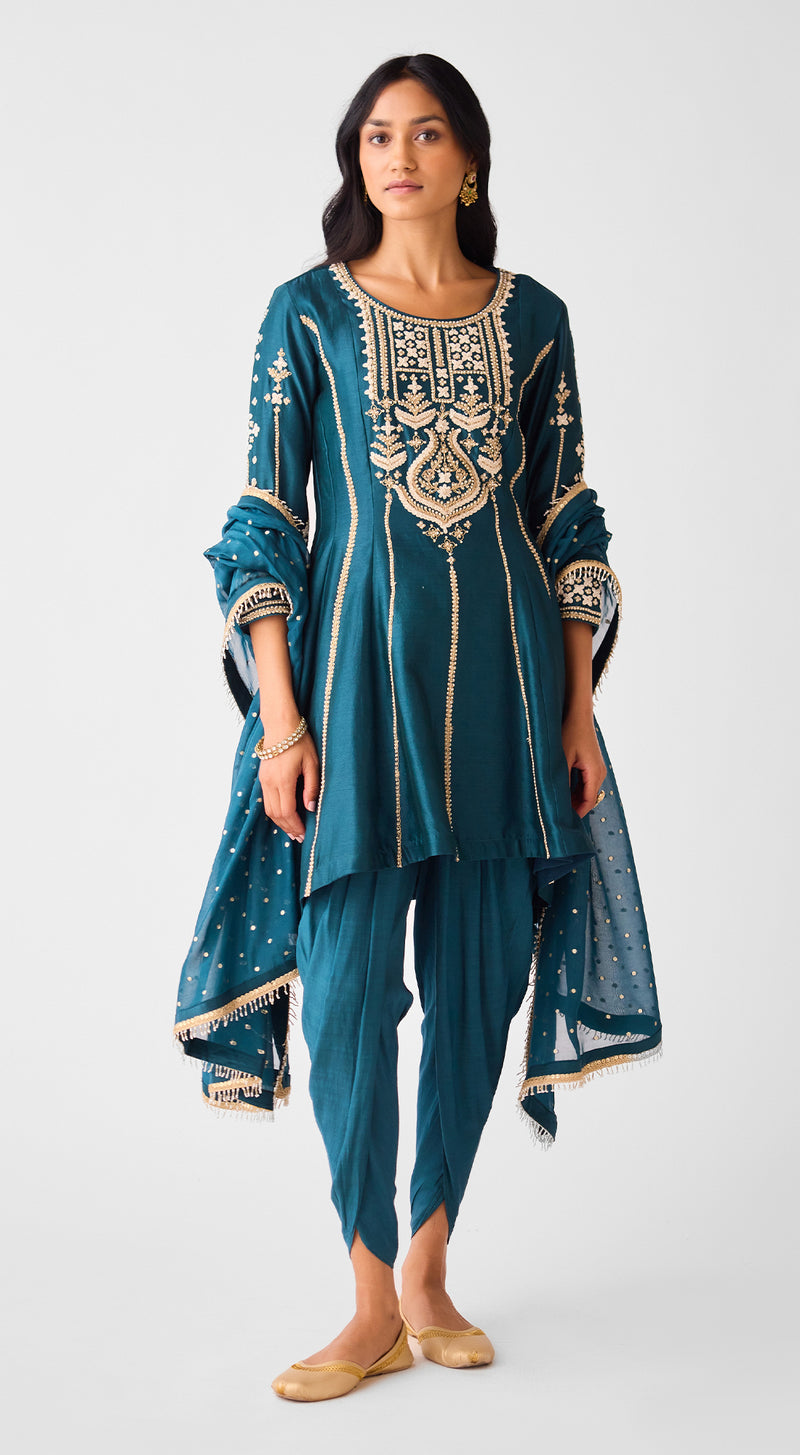 Teal Blue Chanderi Embroidered Anarkali Kurta Set