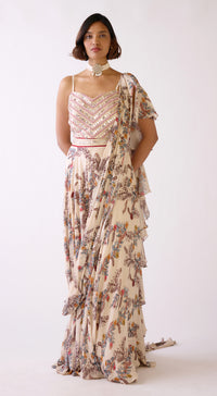 Off-White Floral Draped Saree