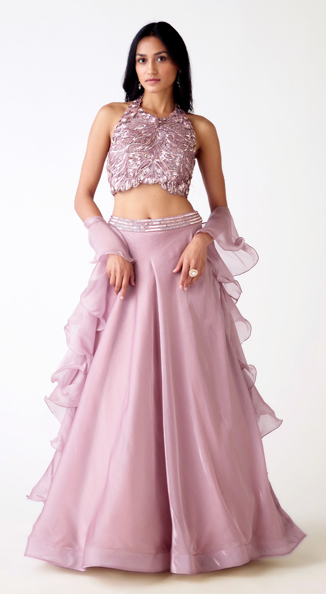 Mauve Organza Embroidered Lehenga Set