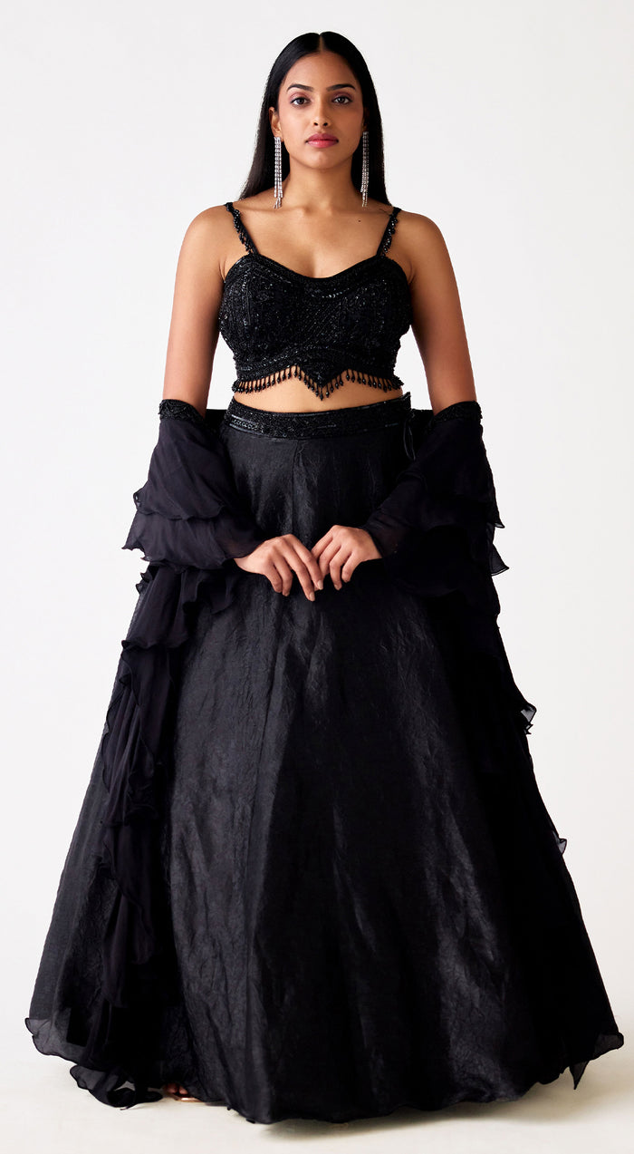 Black Organza Embroidered Lehenga Set