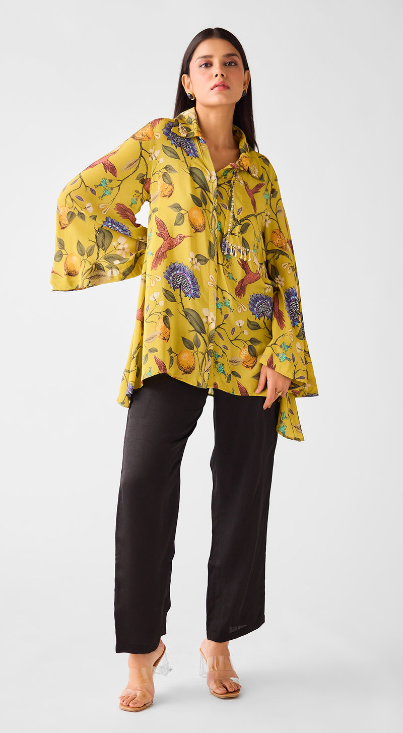 Lime Crepe Floral Long Shirt