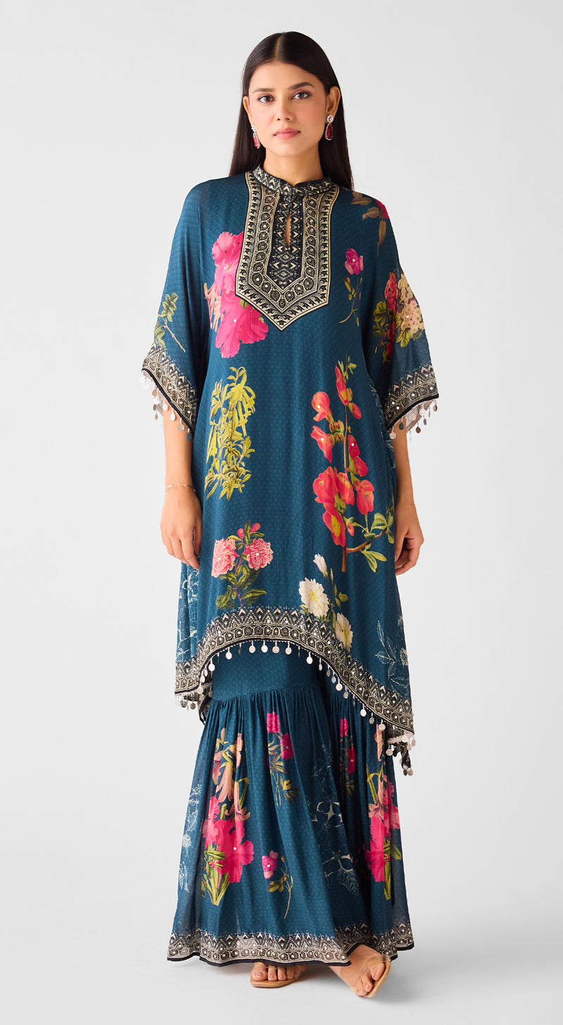 Teal Mirror Work Chinon Sharara Set