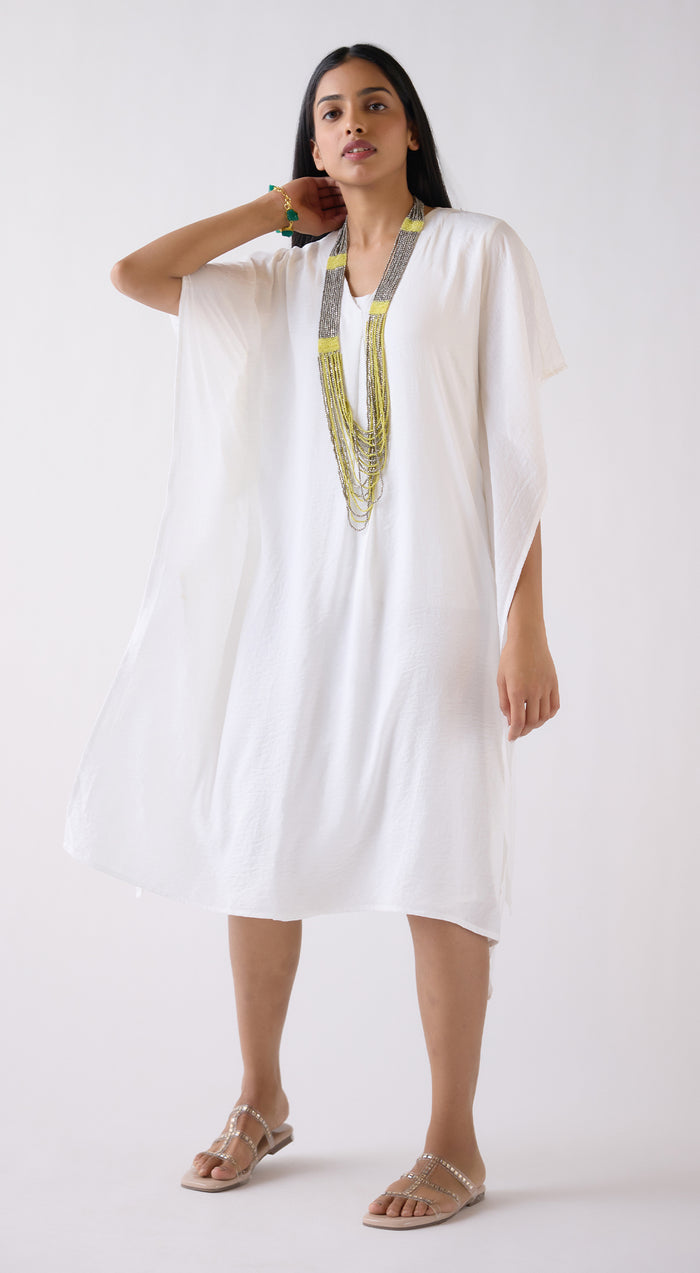 Ivory Crushed Satin Blend Kaftan Dress With Mala & Spaghetti