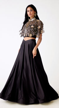 Black Satin Embroidered Lehenga Set