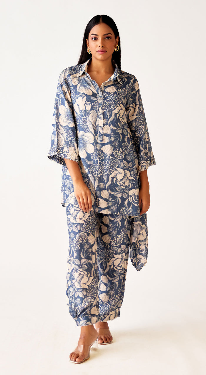 Blue Muslin Floral Co-Ord Set