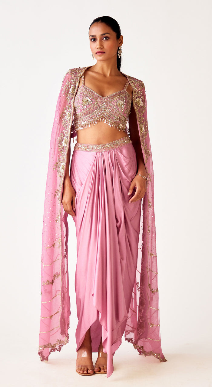 Mauve Embroidered Cape Set With Draped Skirt