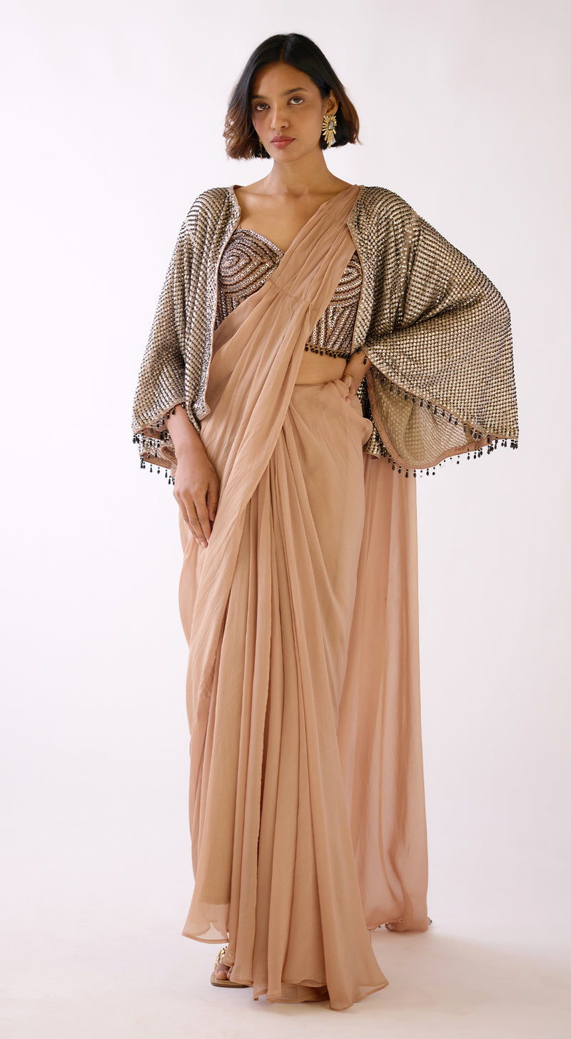 Brown Embroidered Saree with Jacket