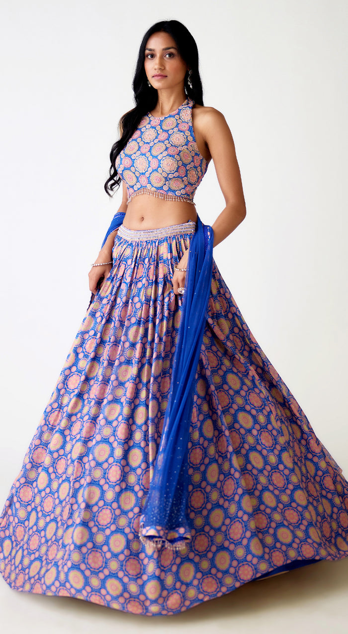 Blue Crepe Embroidered Lehenga Set