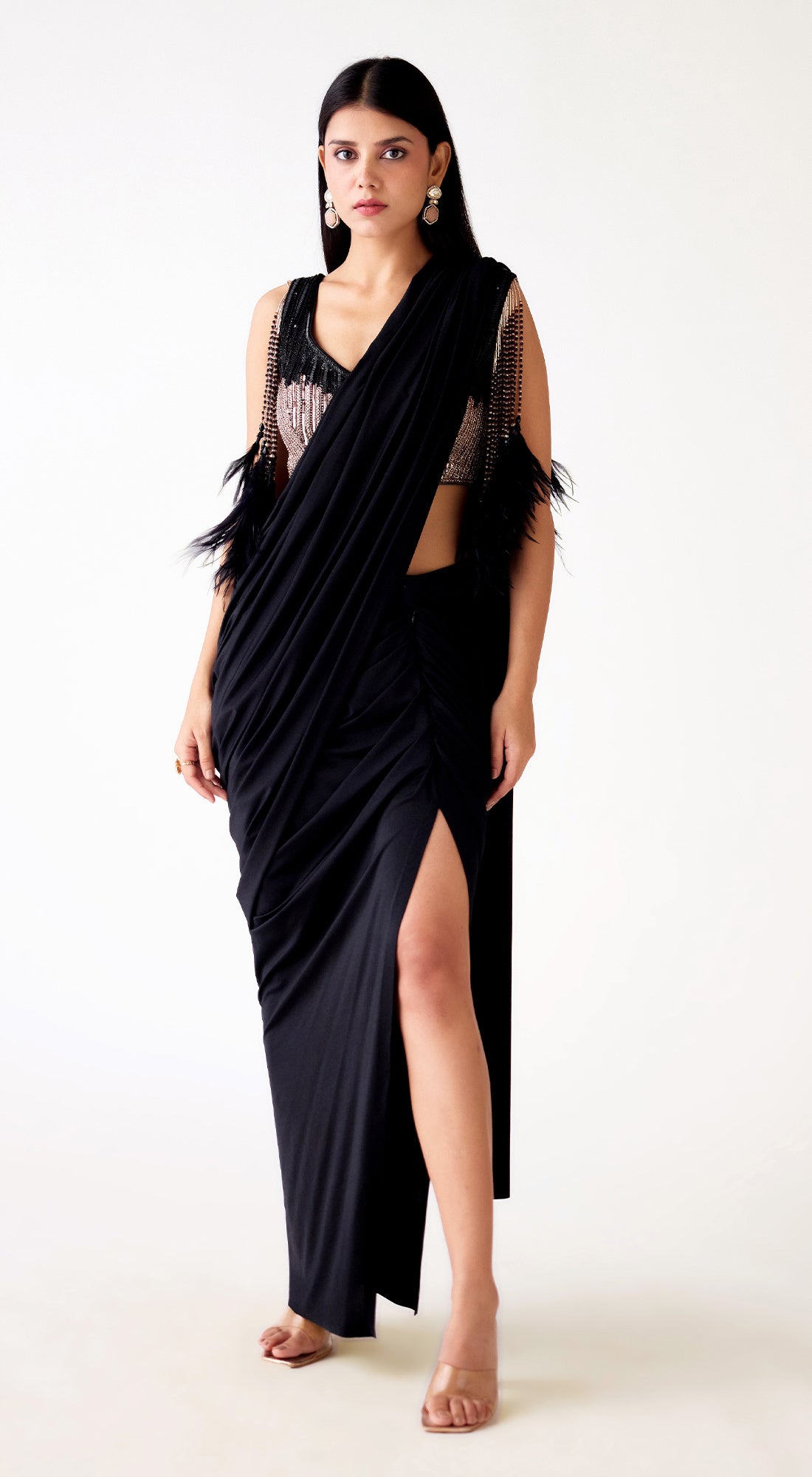 Black Satin Lycra Embroidered Slit Saree