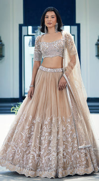 Beige Sequins Net Embroidered Lehenga Set