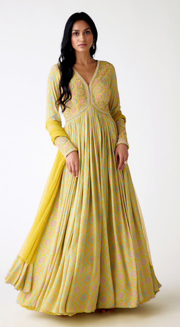 Yellow Crepe Embroidered Anarkali