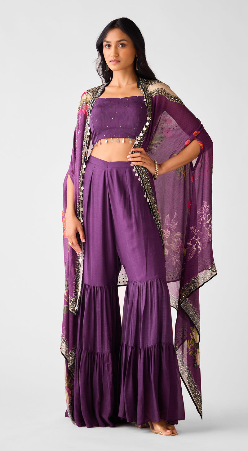 Purple Chinon Cape & Sharara Set