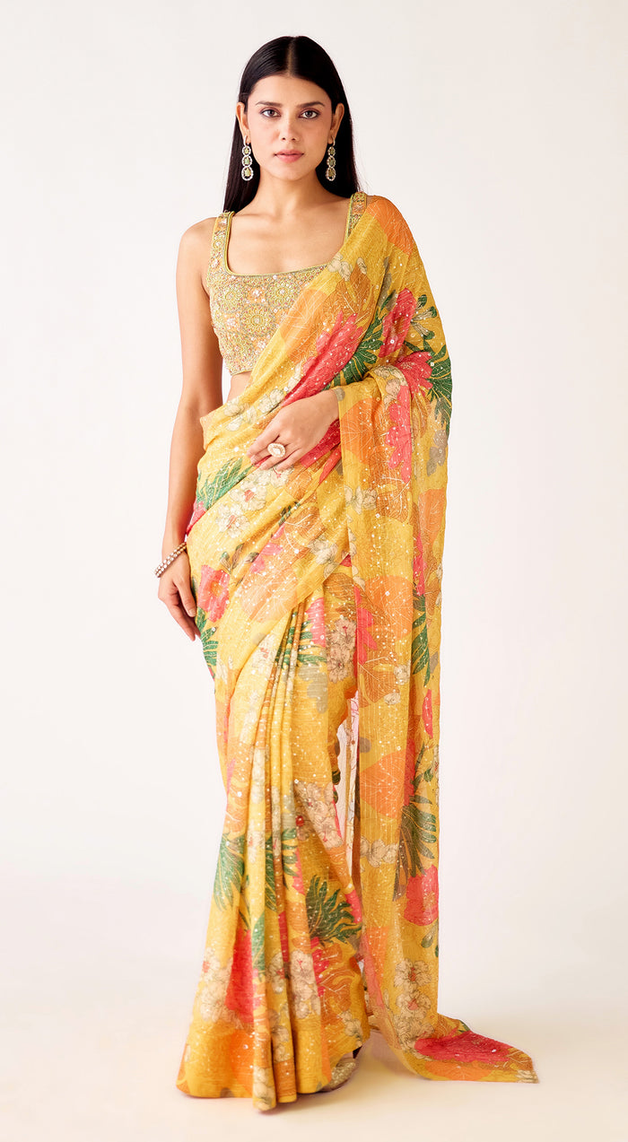 Mustard Georgette Embroidered Saree