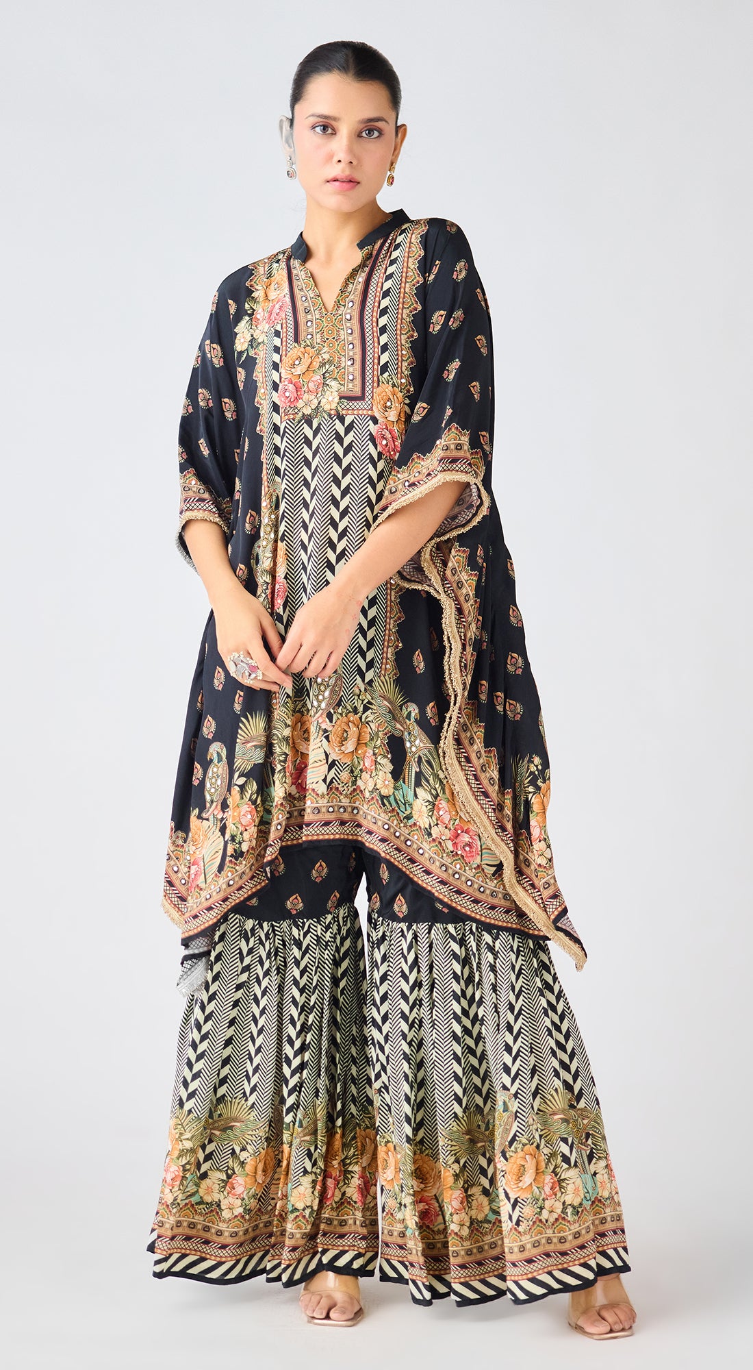 Black Crepe Floral Sharara Set