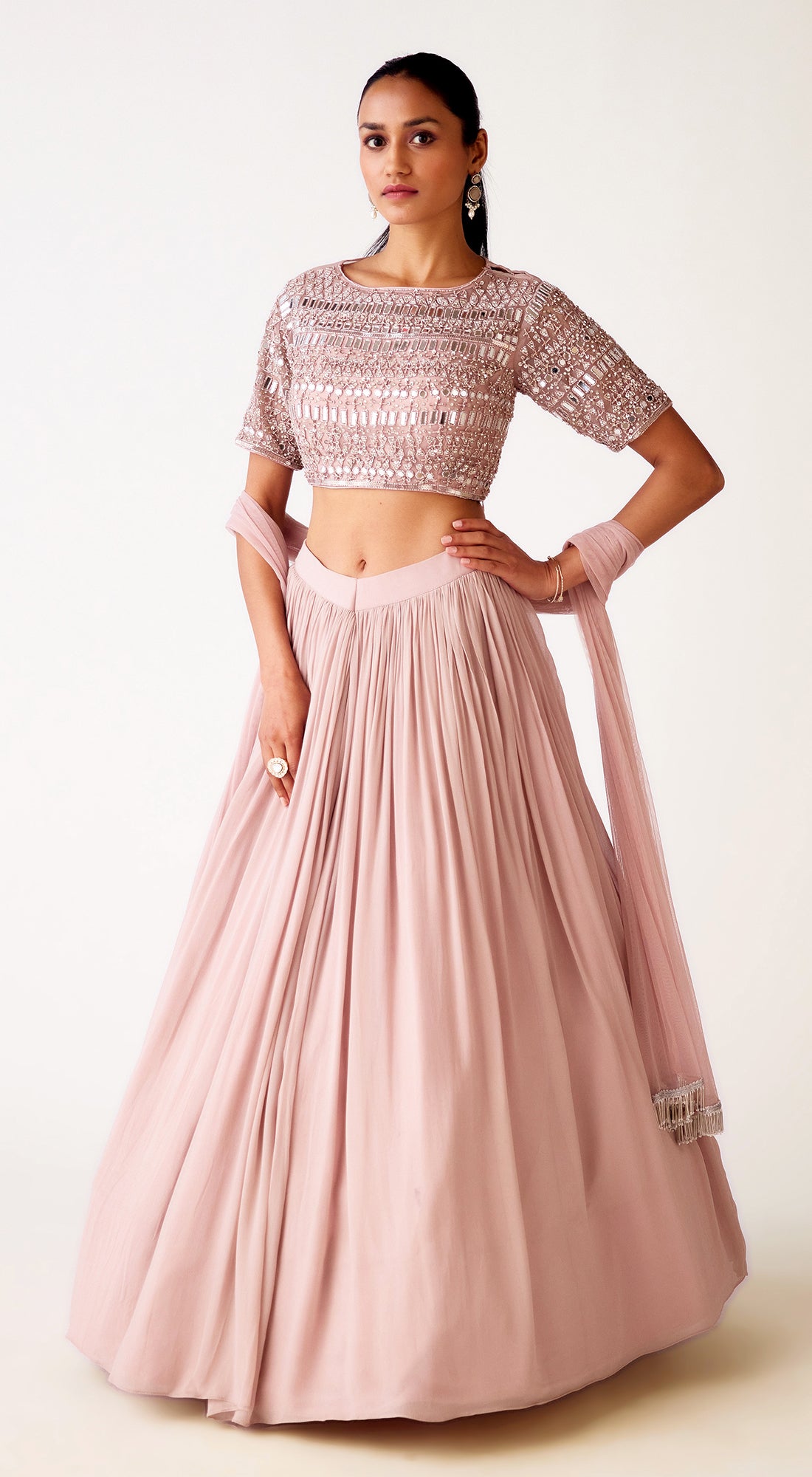 Pink Chinon Embroidered Lehenga Set