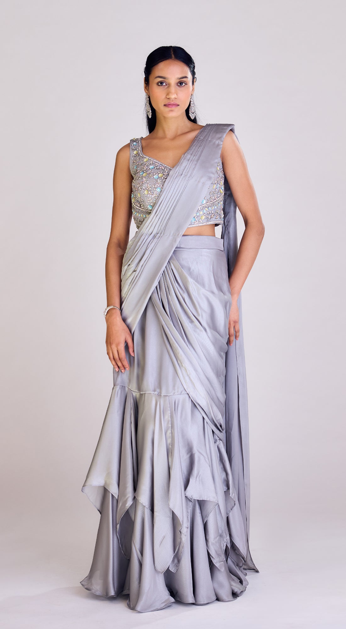 Grey Pre Draped Saree