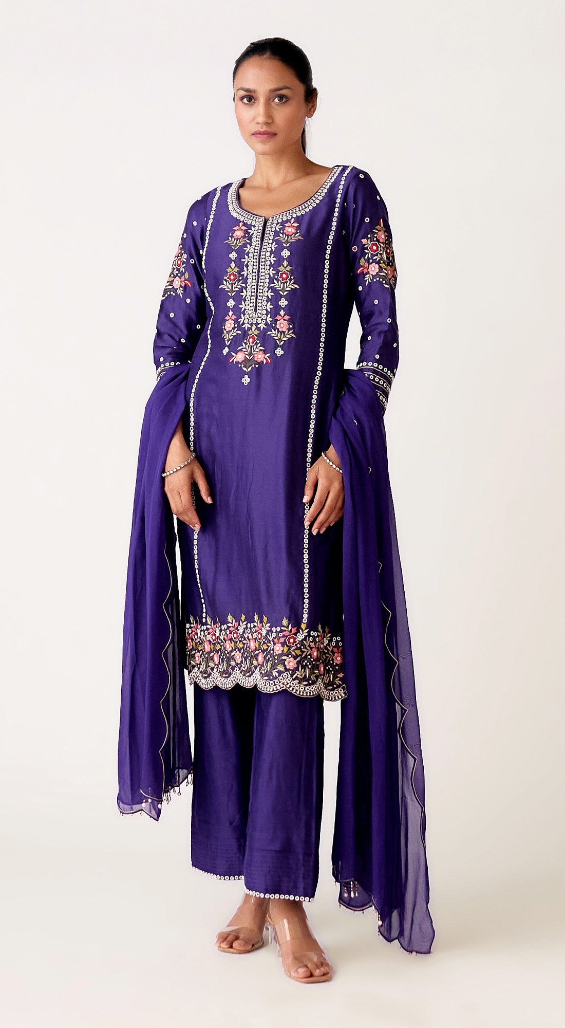 Purple Chanderi Embroidered Suit Set