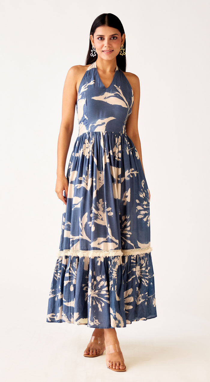 Blue Muslin Floral Long Dress