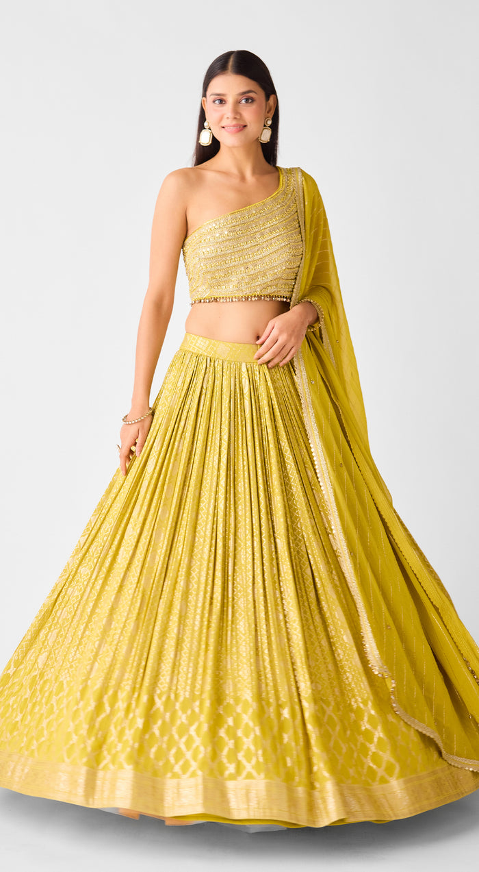 Yellow Banarasi Embroidered Lehenga Set