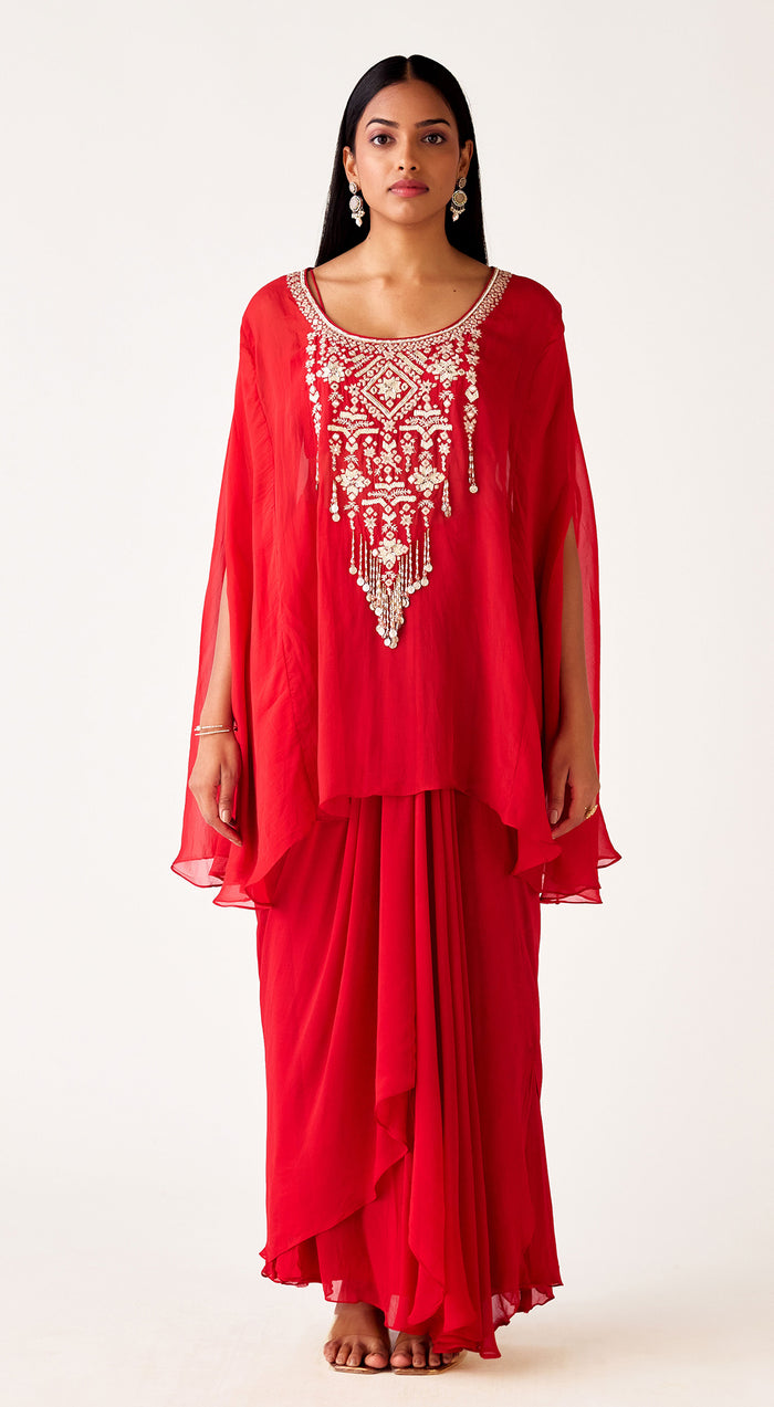 Red Organza Embroidered Cape Set