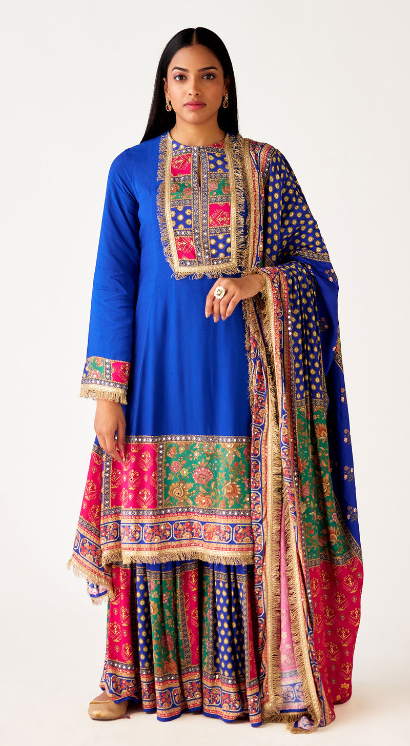 Blue Muslin Embroidered Sharara Set