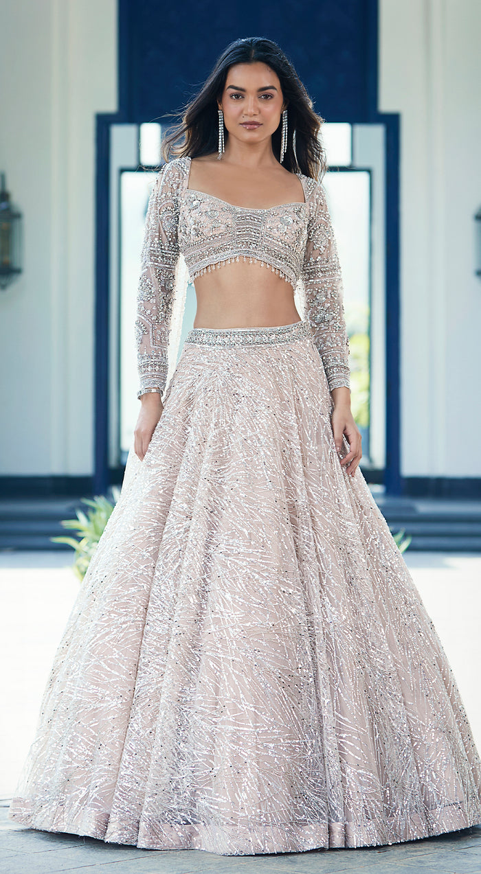 Ivory Embroidered Net Lehenga Set