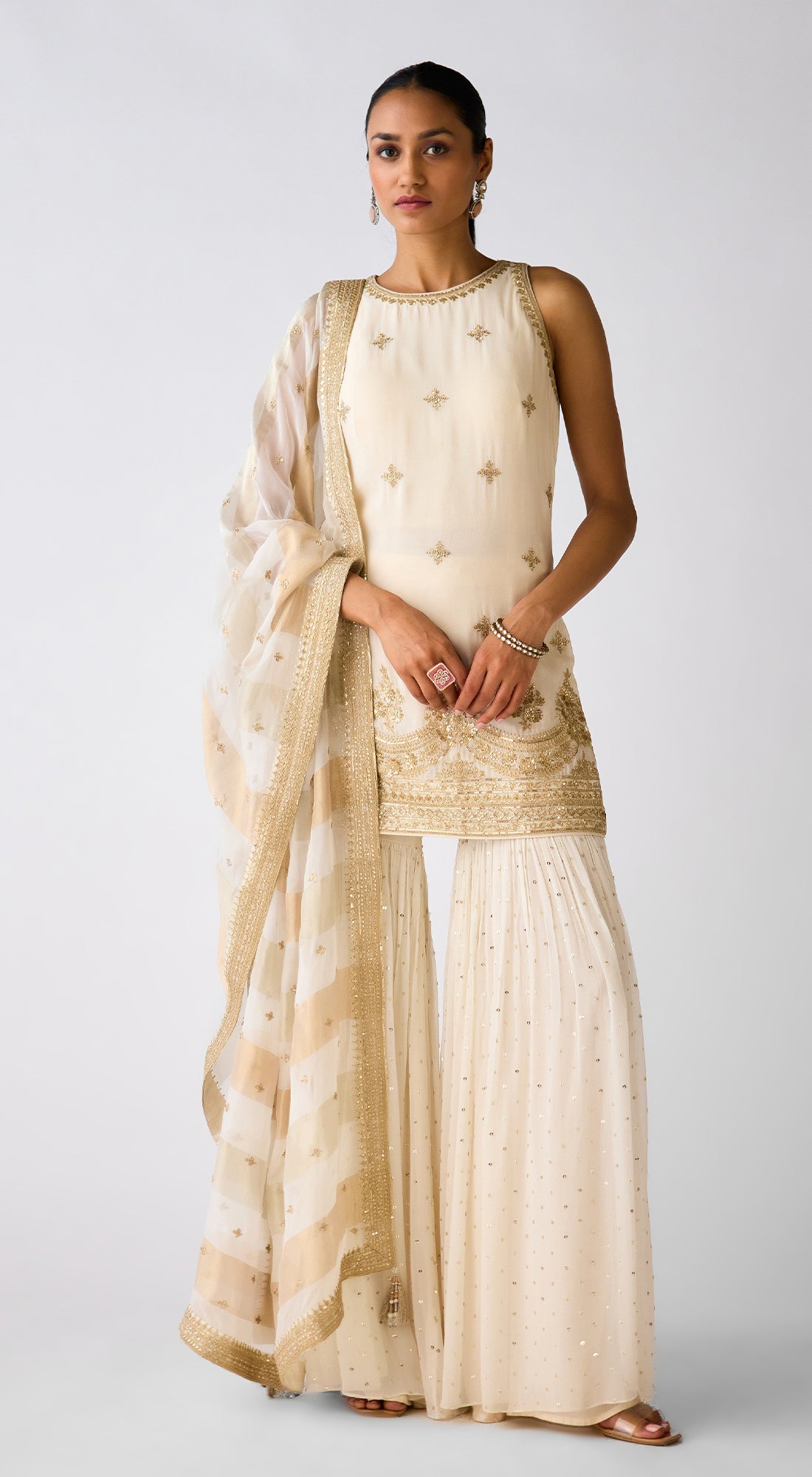 Ivory Embroidered Sharara Set