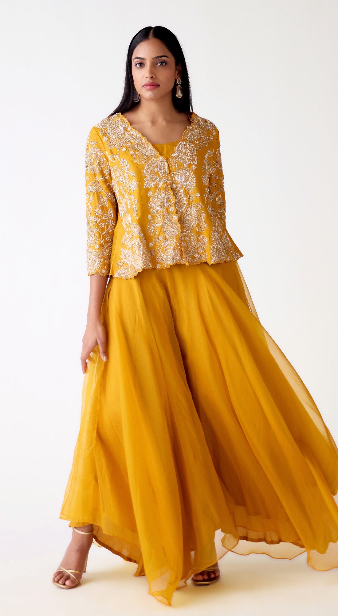 Mustard Organza Embroidered Sharara Set