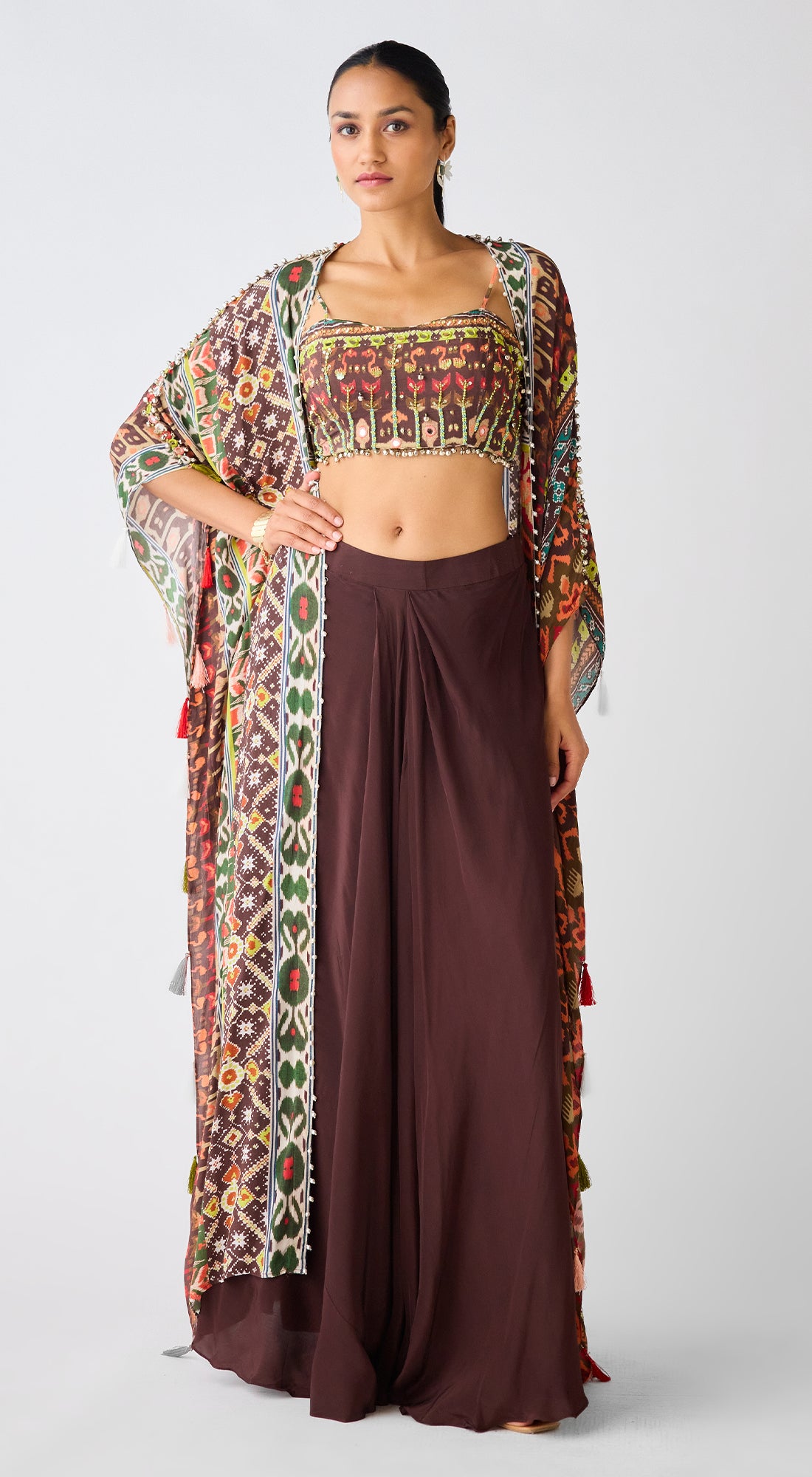 Brown Printed Skirt & Cape Set