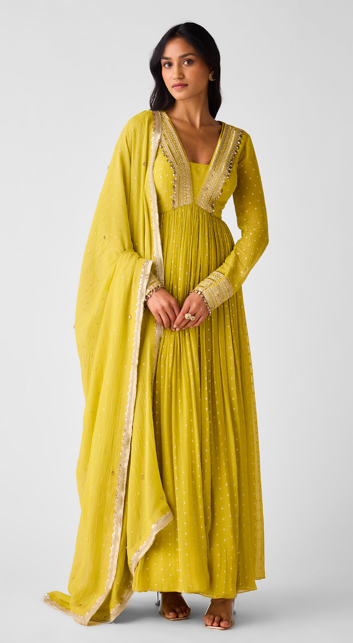 Yellow Banarasi Chinon Anarkali Set