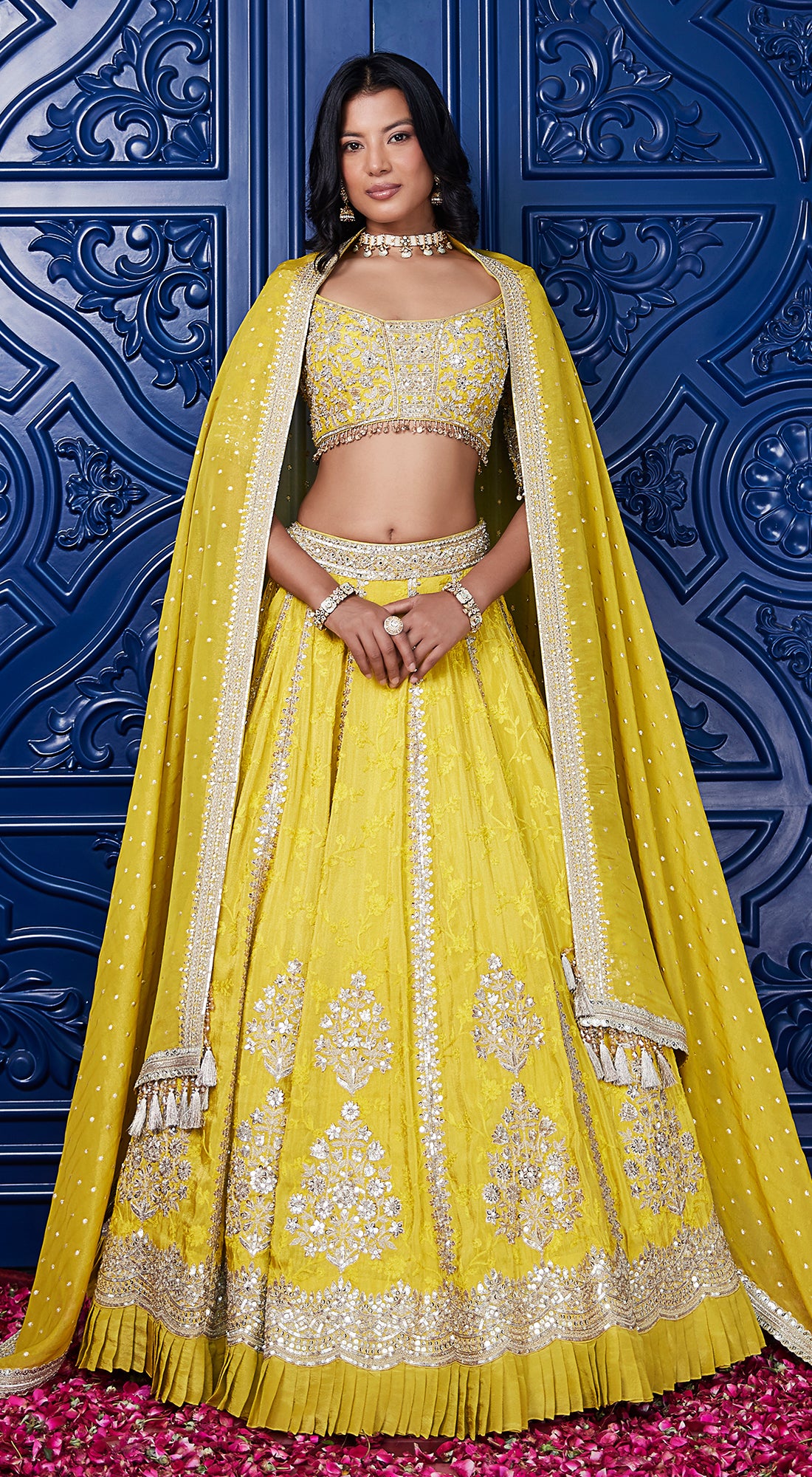 Yellow Tissue Silk Embroidered Lehenga Set