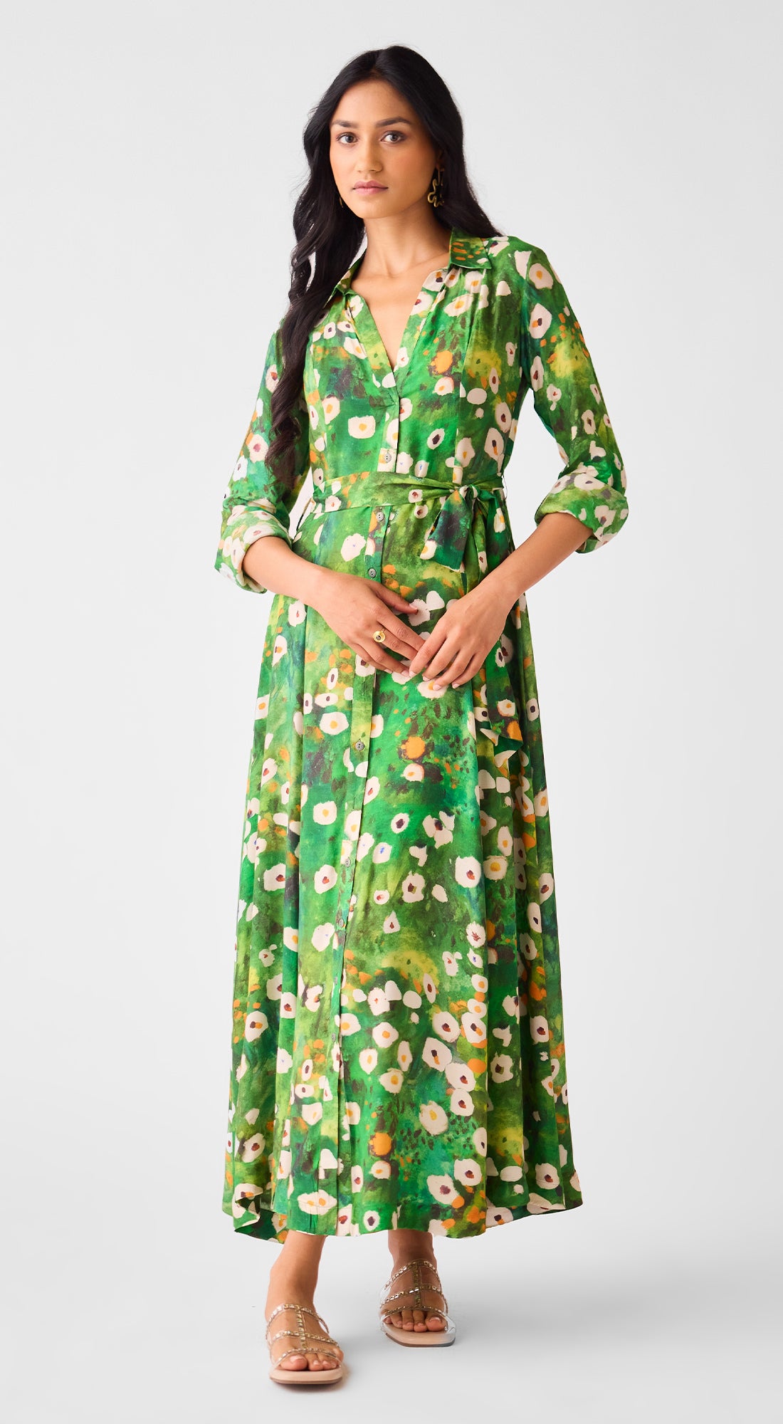 Green Muslin Floral Long Dress