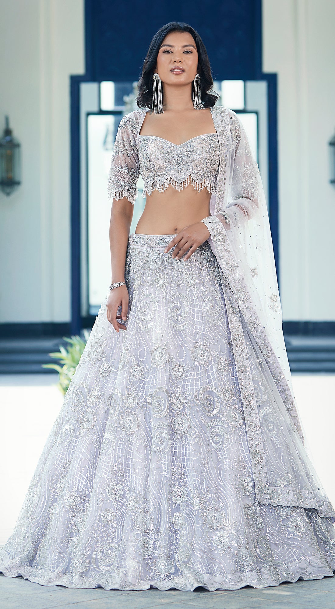 Lilac Embroidered Net Lehenga Set