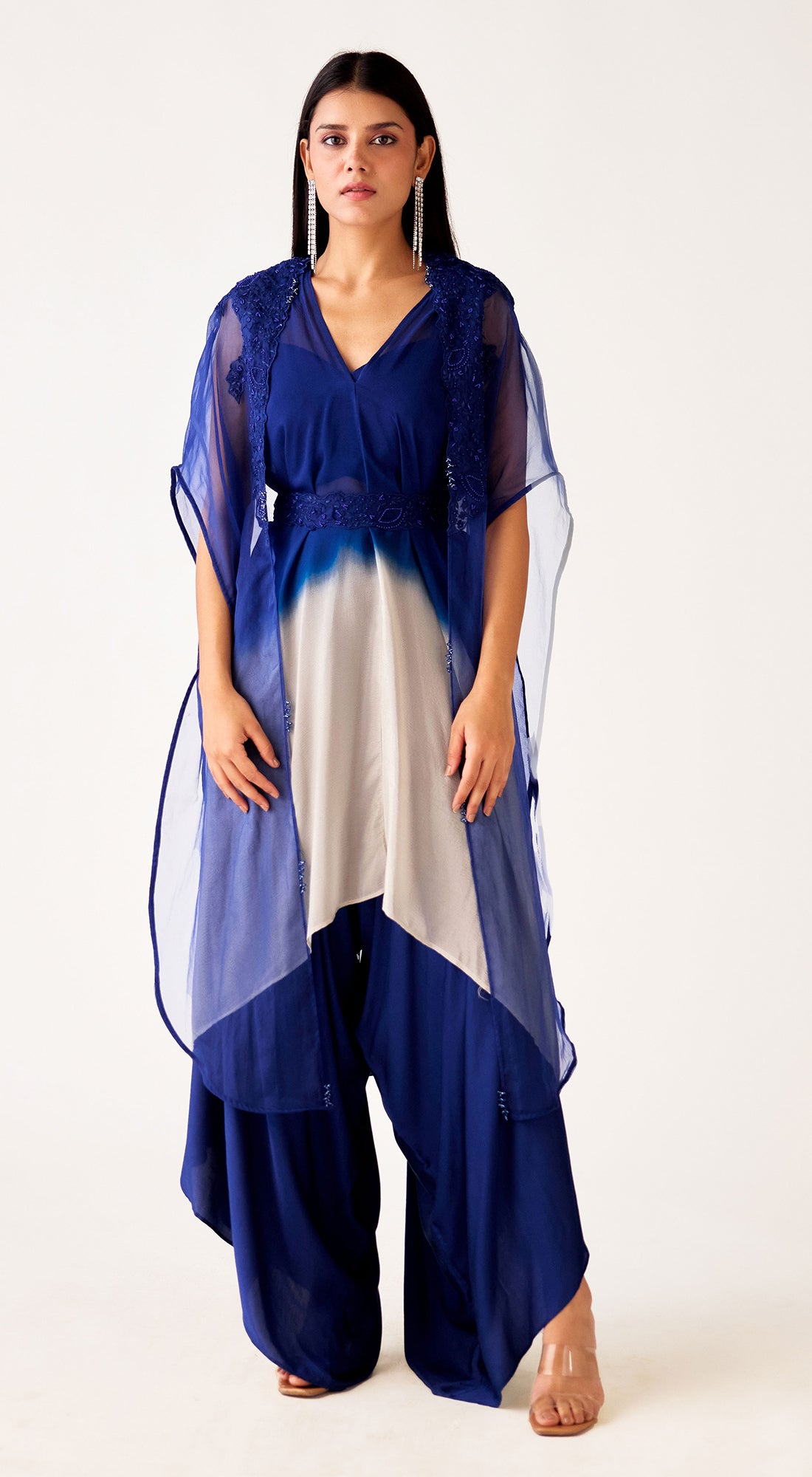 Blue Chinon Embroidered Cape Set