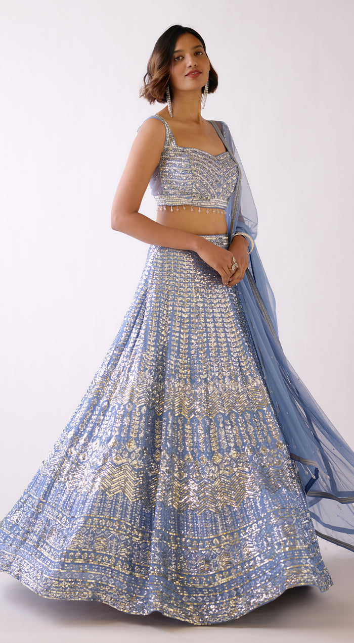 Denim Blue Sequins Embroidered Lehenga Set