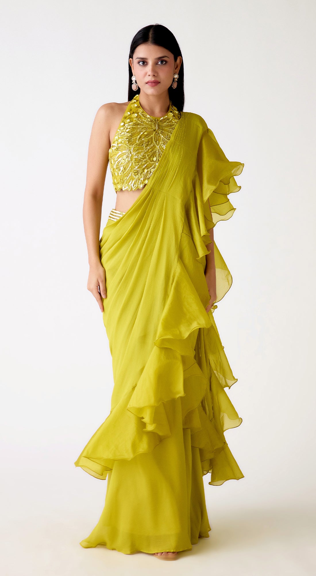 Lime Chinon Embroidered Ruffle Saree