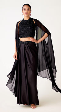 Black Satin Embroidered Cape Set