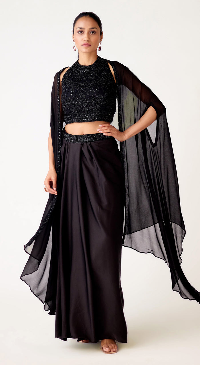 Black Satin Embroidered Cape Set