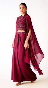 Red Satin Embroidered Cape Set