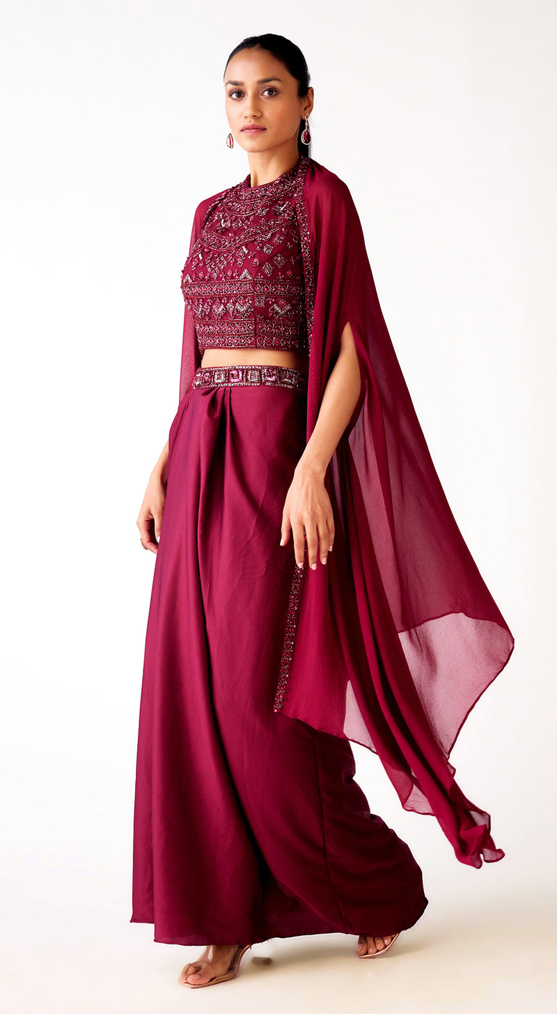 Red Satin Embroidered Cape Set