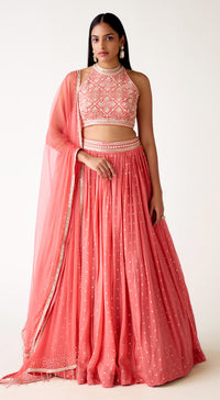 Peach Organza Embroidered Lehenga Set