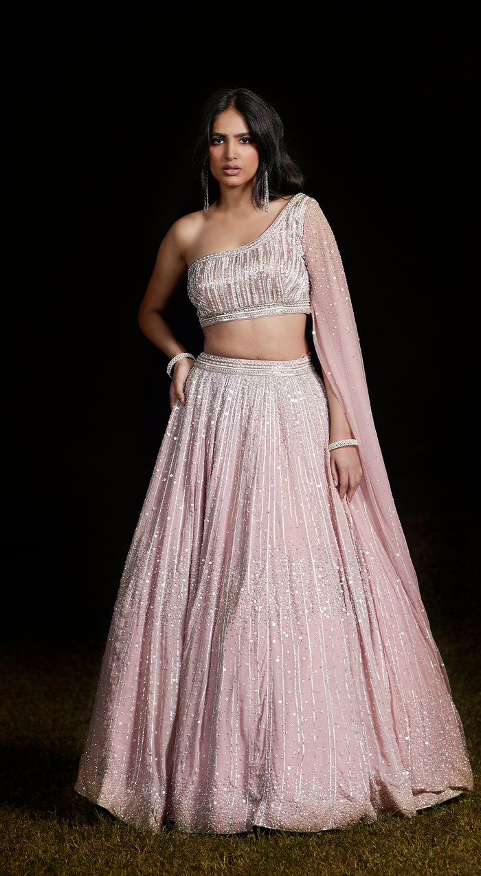 Pink One Shoulder Embroidered Lehenga