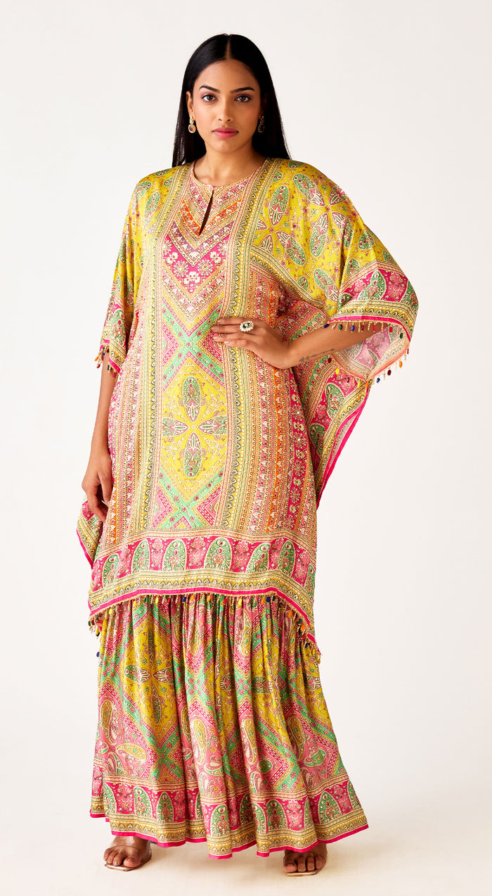 Multi Satin Embroidered Kaftan Co-Ord Set